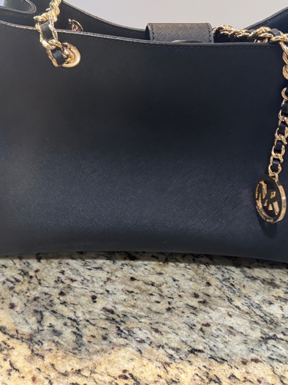 Michael Kors Black Saffiano Leather Shoulder Bag with Gold Chain and Logo Charm